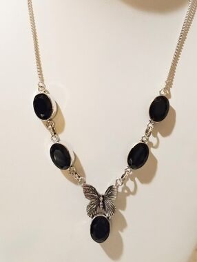 NWOT Butterfly & Black Faceted Glass .925 Silver Plate Whimsical Necklace